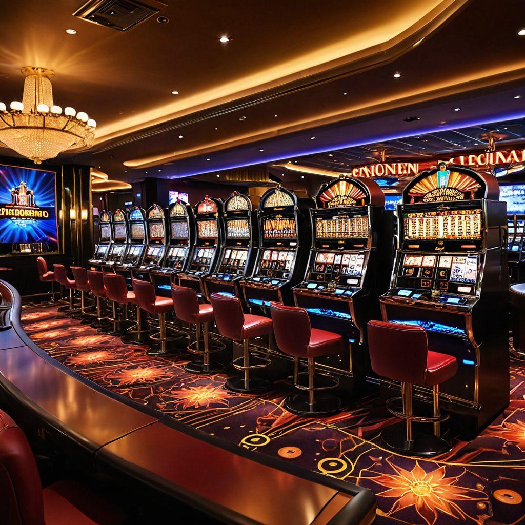 An intricate casino scene featuring a dazzling array of slot machines with bright lights and spinning reels, showcasing a diverse group of excited players. In the background, an elegant VIP lounge with plush seating and luxurious decor, hinting at exclusivity. The atmosphere is filled with a sense of mystery and allure, emphasizing the thrill of online gaming. Vibrant colors illuminate the environment, capturing the essence of high-stakes entertainment. super-realistic. vibrant colors. 3D.